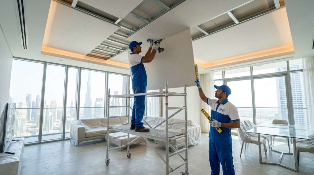 Decorative gypsum ceiling design with LED lighting in a luxury Dubai villa