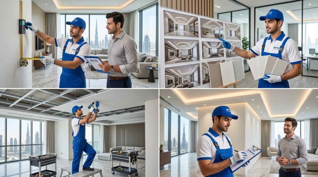 fire rated gypsum partition wall installation in Dubai commercial building