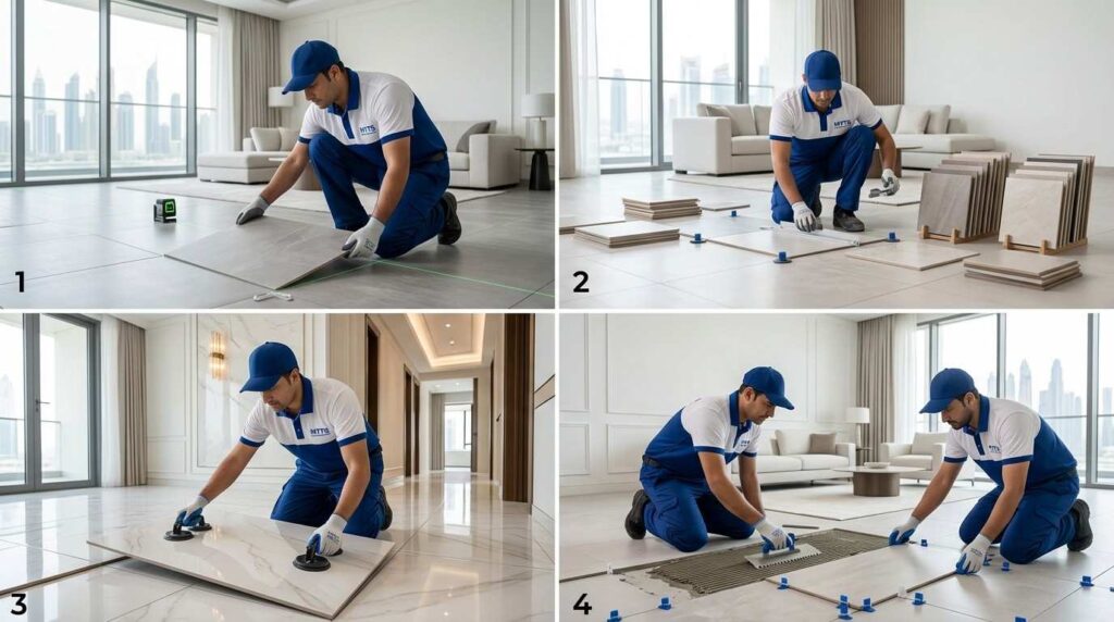 Skilled worker installing ceramic floor tiles in Dubai residential property
