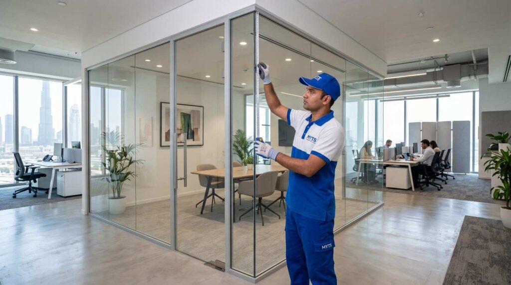 Frameless glass partition installed in commercial office space Dubai