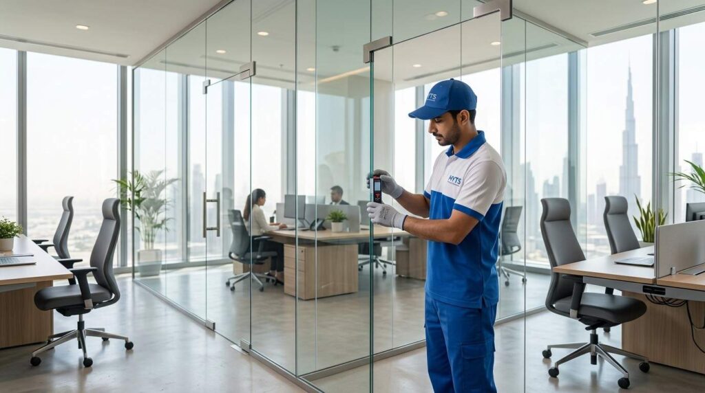 Frameless glass partition installed in a Dubai commercial office for enhanced space and visibility