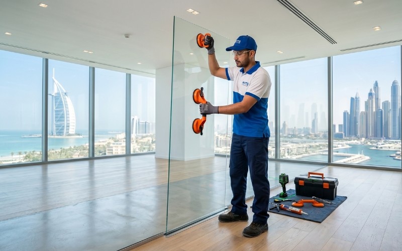 Modern office glass partition installation in Dubai with clear frameless design