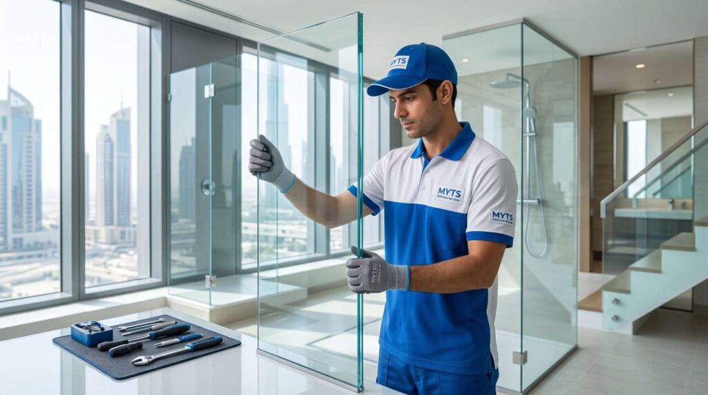 Office glass partition installation in Dubai by professional workers