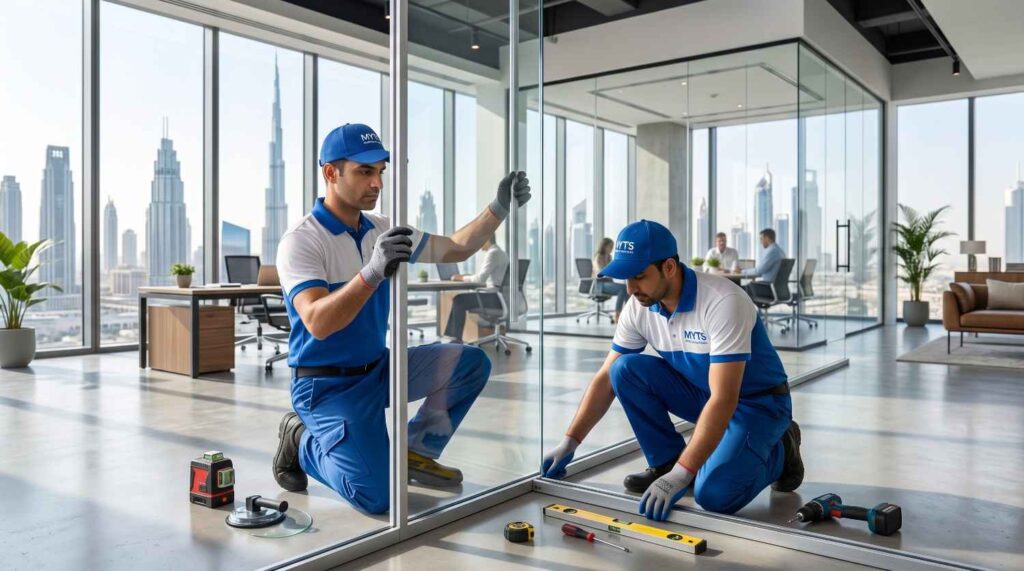 Aluminium and Glass Work in Dubai 1 Office glass partition installation with aluminium frames in Dubai workspace
