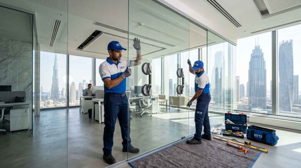 Aluminium and Glass Company in Dubai 1 Glass partition installation by aluminium and glass company in Dubai for modern office spaces