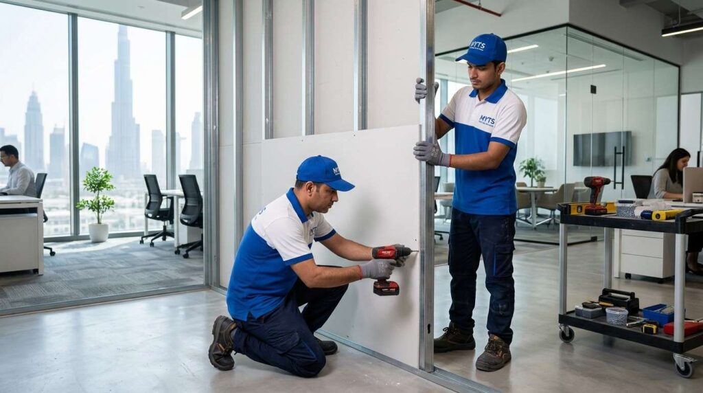 Expert gypsum partition contractors installing wall system in Dubai building