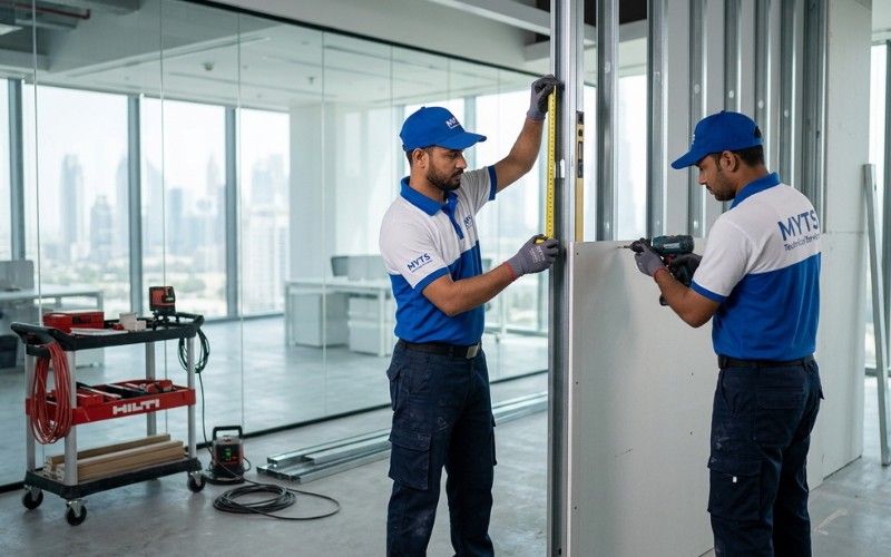 Professional gypsum partition wall installation in Dubai office interior
