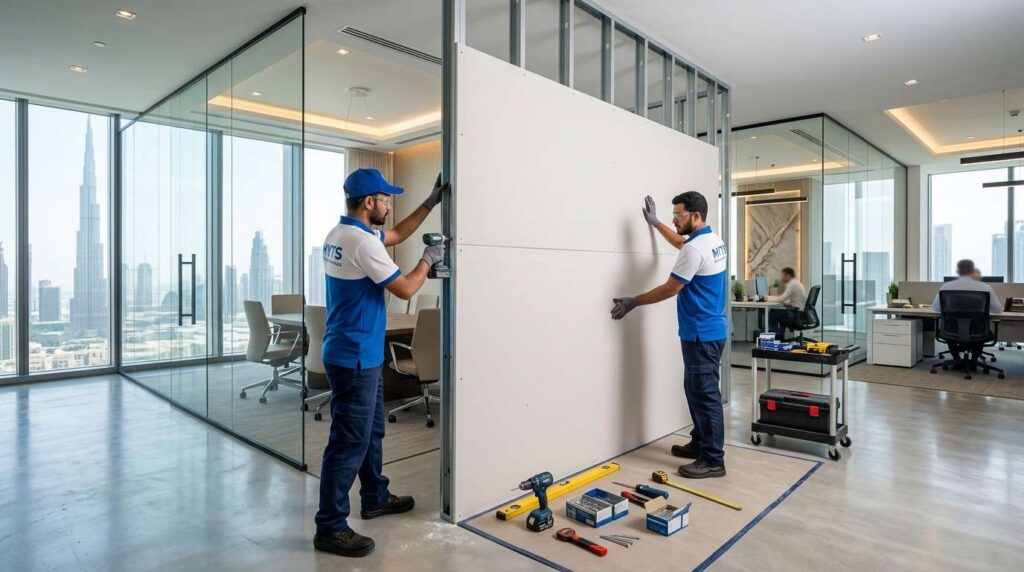 Modern gypsum partition wall installation in a Dubai office interior