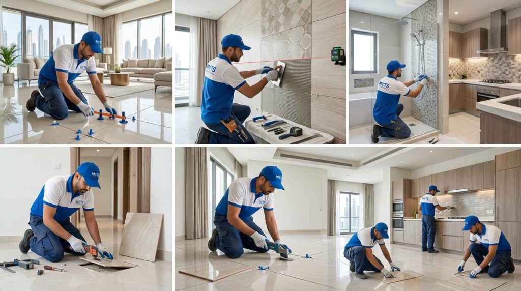 Ceramic tile installation in Dubai kitchen with modern wall and floor tile design