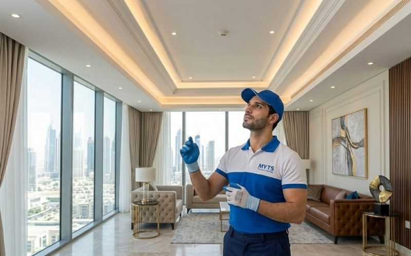 Modern gypsum ceiling installation in a Dubai living room with LED lighting and premium finish