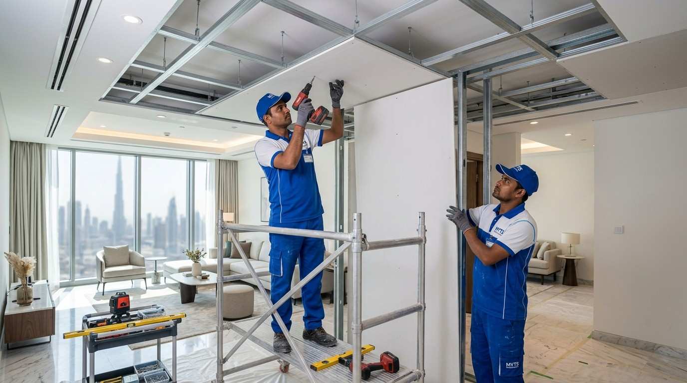 gypsum ceiling installation in Dubai living room by gypsum company