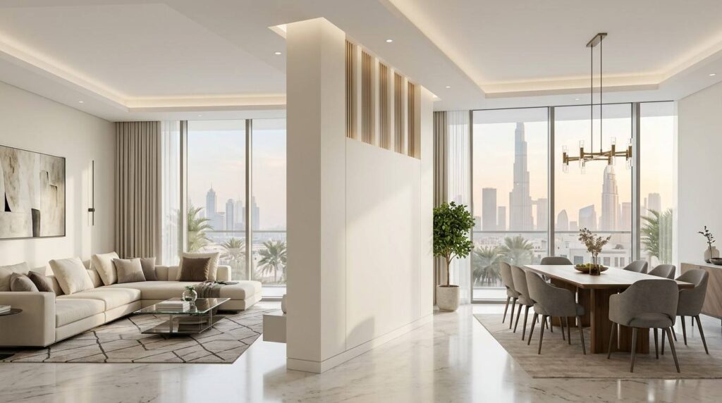 Stylish gypsum wall partition design in Dubai residential interior