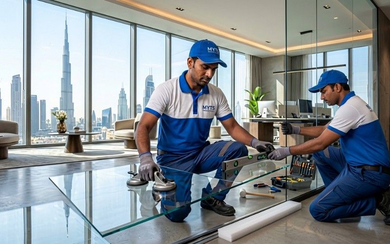 Modern office glass partition installation service in Dubai with clear tempered glass panels