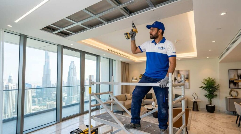 Contemporary gypsum ceiling installed in a Dubai office with modern lighting fixtures
