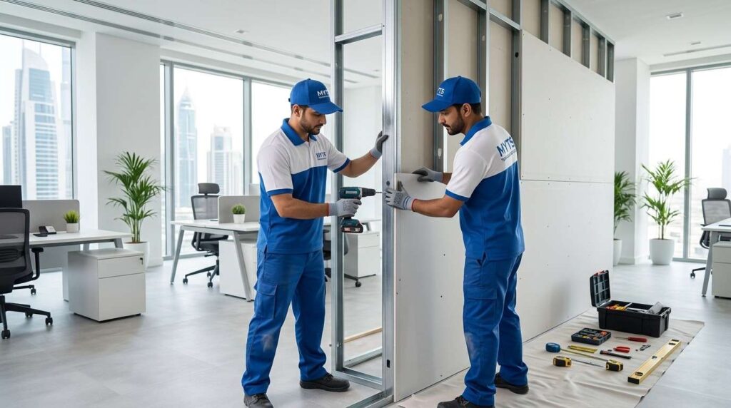 Commercial office gypsum partition construction in Dubai workspace