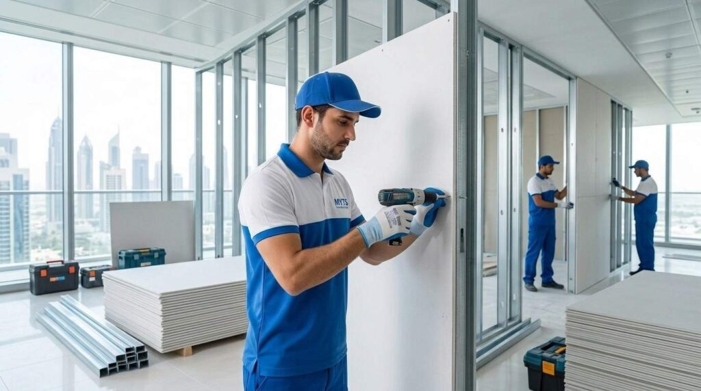 gypsum partition wall installation in Dubai office space