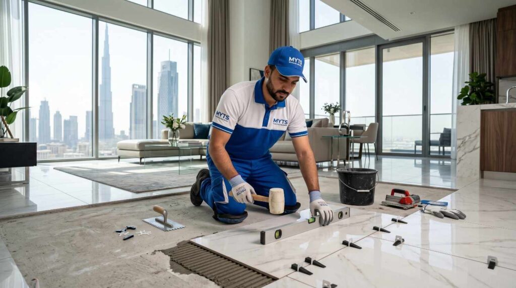 Large porcelain floor tiles being installed in a modern Dubai apartment