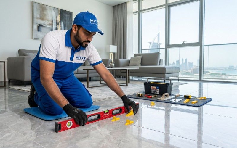 Expert technician fixing porcelain wall tiles in a luxury Dubai property