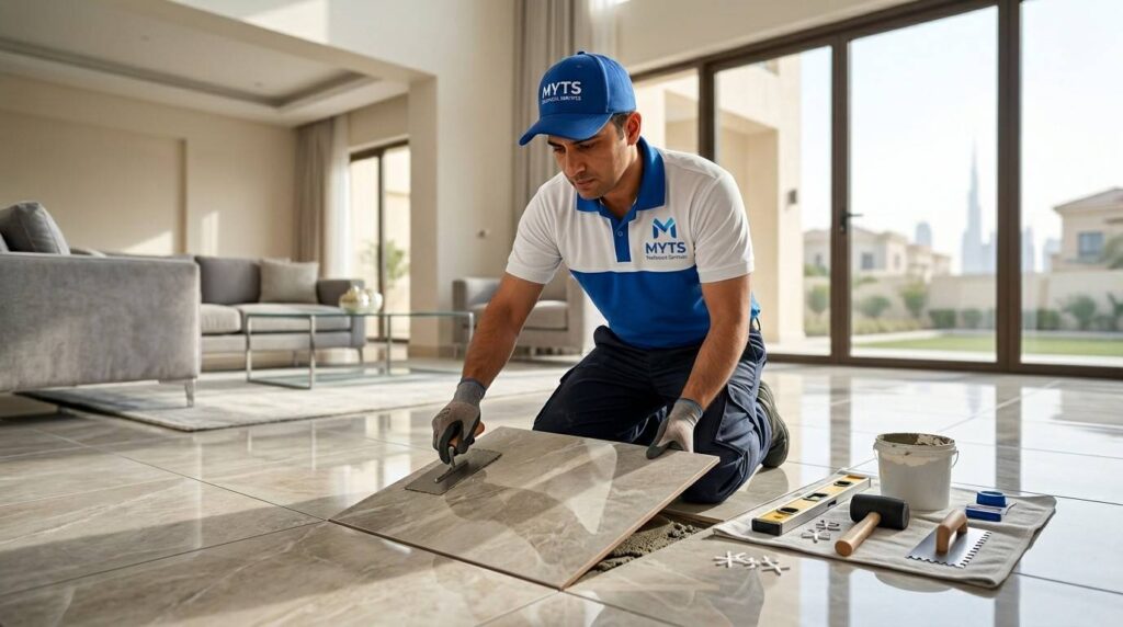 Professional tiling contractor performing ceramic tile installation in Dubai villa