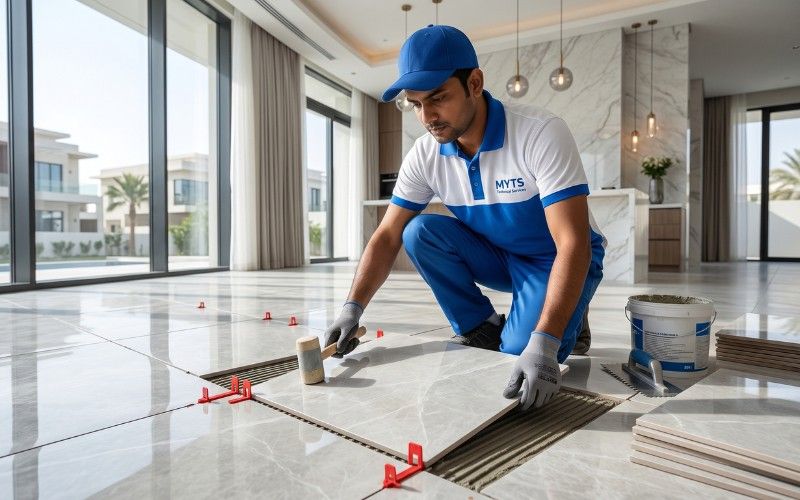 Skilled worker installing porcelain floor tiles in a luxury Dubai villa
