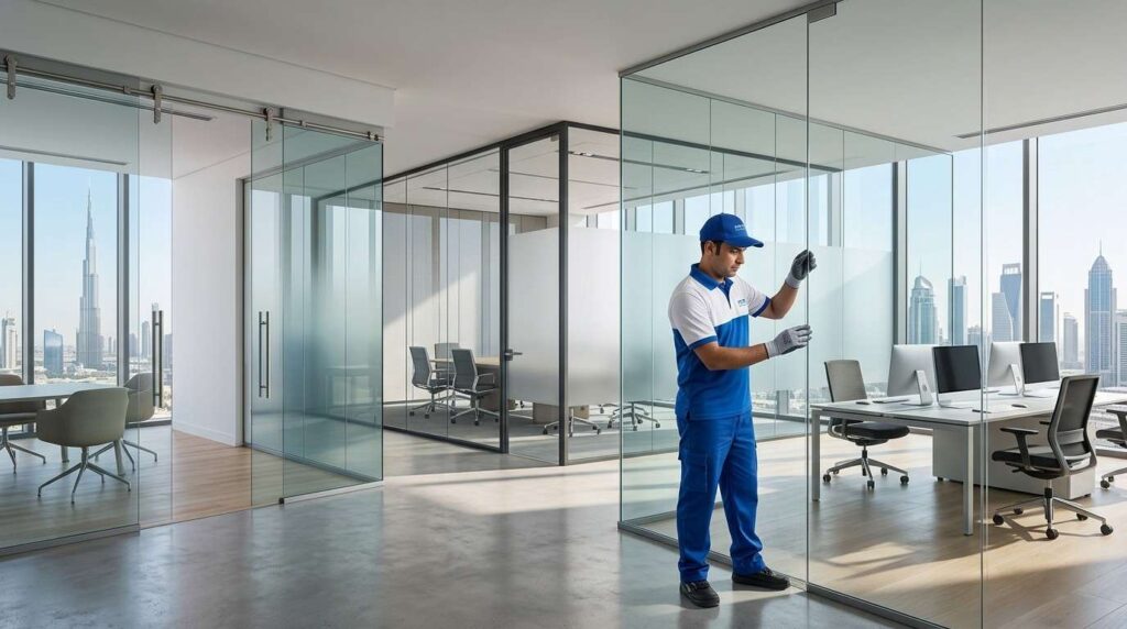 Elegant glass partition wall installed in a modern Dubai home to separate living spaces