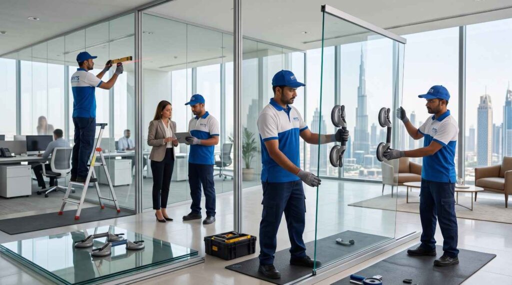 Sliding glass partition system installed in Dubai residential and office space
