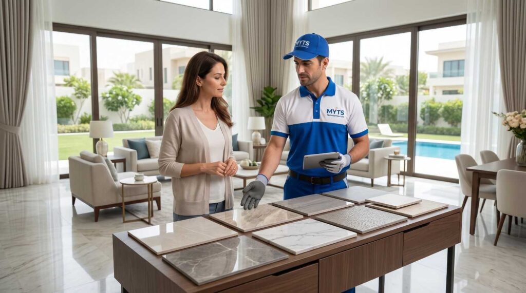 Professional villa tiling service in Dubai with porcelain and marble tile fitting