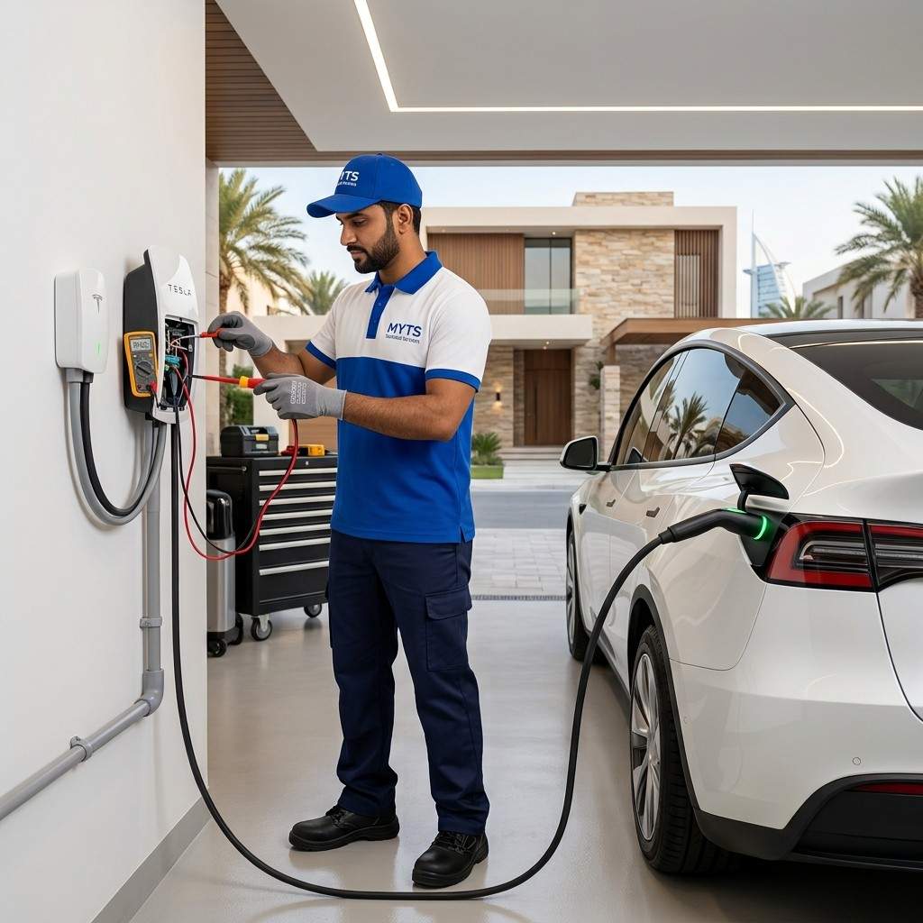 Expert Tesla charger installation services in Dubai by MYTS Technical Services for homes, offices, and commercial spaces.