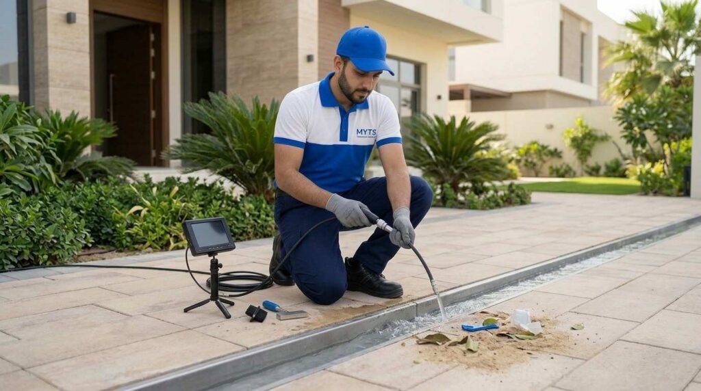 Drainage Cleaning Services Sharjah Fast & Professional Drain Cleaning Solutions 4 Professional drain inspection before drainage cleaning service in Sharjah