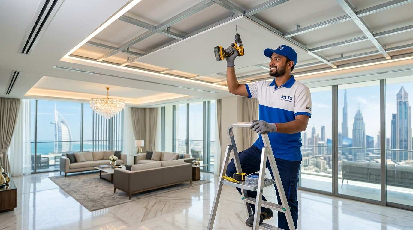 Professional ceiling work in Dubai with modern gypsum and false ceiling installation by MYTS Technical Services