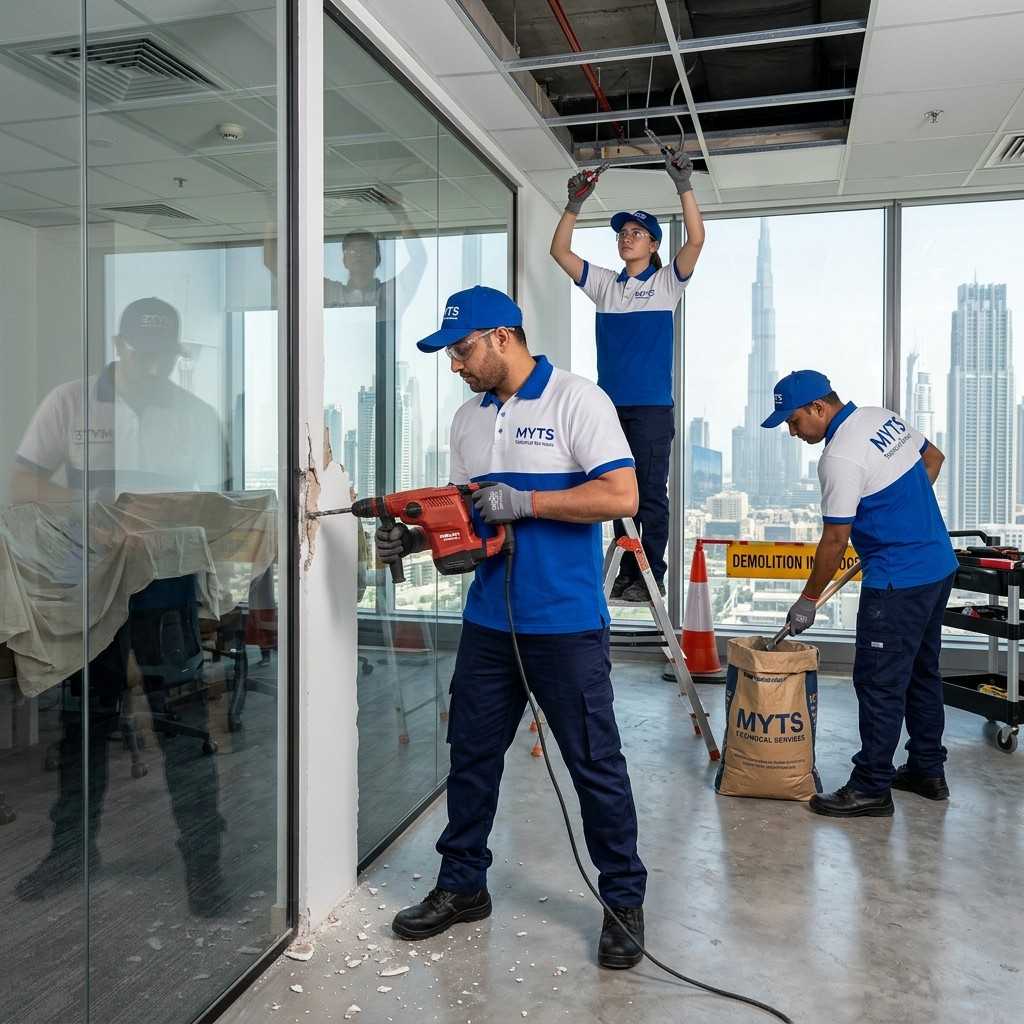 Demolishing Work 15 Professional commercial demolition services in Dubai by MYTS Technical Services – safe wall removal, office demolition, and controlled space clearing.