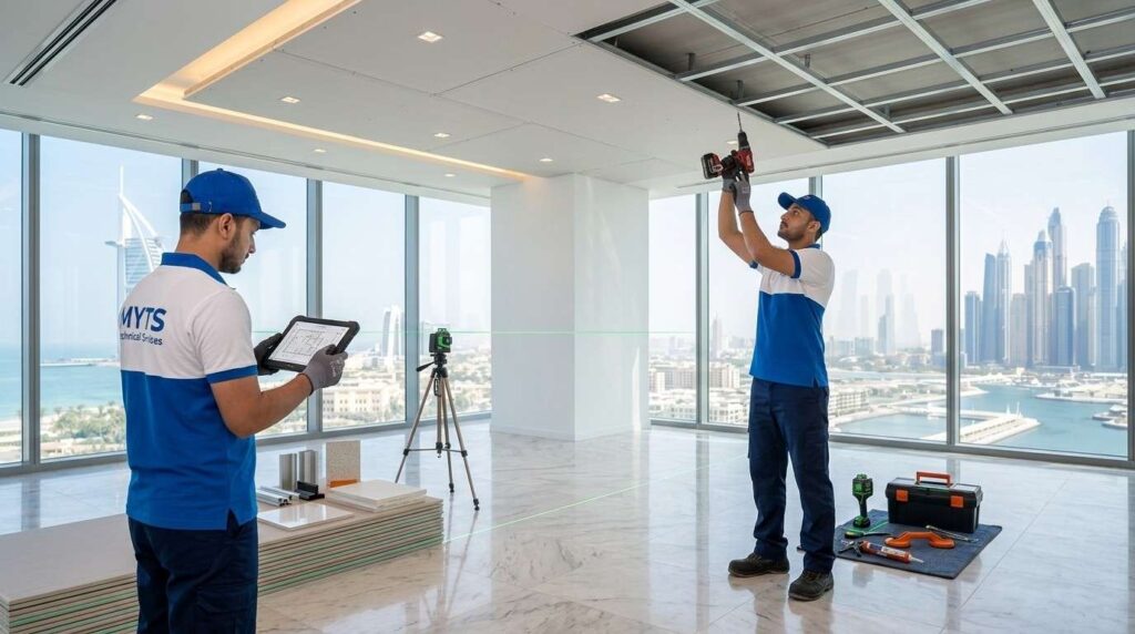 False Ceiling Services in Dubai Professional Installation for Homes & Offices 3 Decorative gypsum false ceiling with LED lighting in a luxury Dubai villa