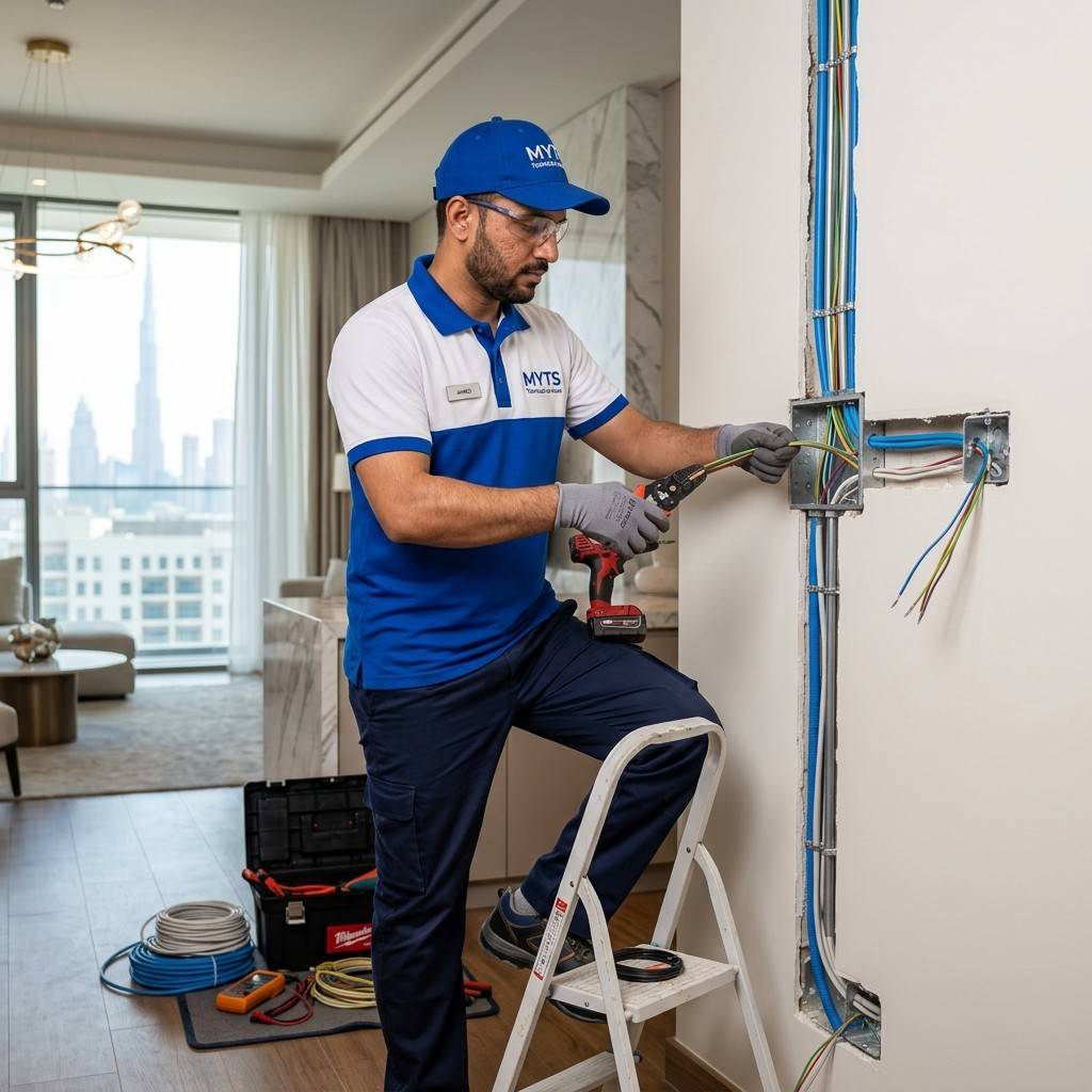 Professional electrical installation services in Dubai by MYTS Technical Services – wiring, lighting, switchboards, and commercial & residential electrical systems.
