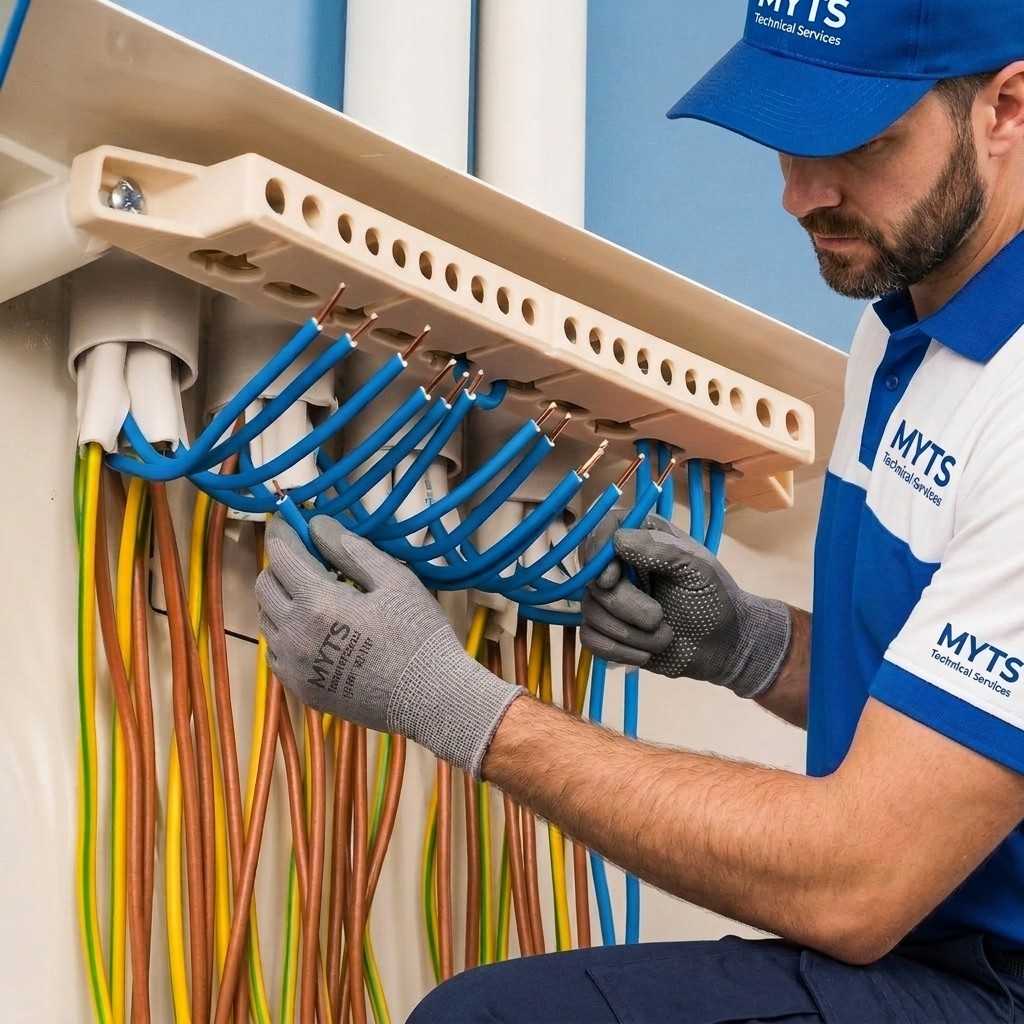 Professional electrical installation services in Dubai by MYTS Technical Services – wiring, lighting, switchboards, and commercial & residential electrical systems.