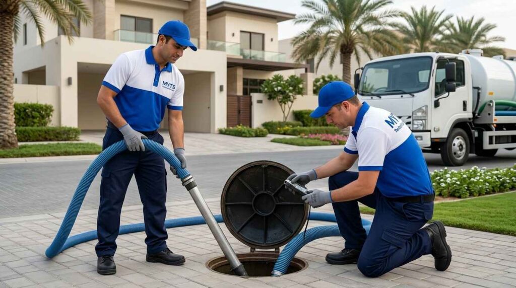 Septic Tank Cleaning Dubai Fast, Professional & Affordable Services 1 Emergency septic tank cleaning team in Dubai removing sewage waste with modern equipment