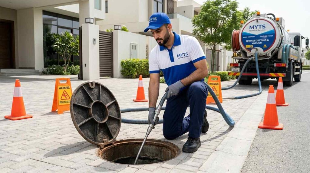 Best Sewage Cleaning Services in Dubai Fast, Professional & 24/7 Solutions 1 Emergency sewage cleaning team removing sewage blockage in Dubai
