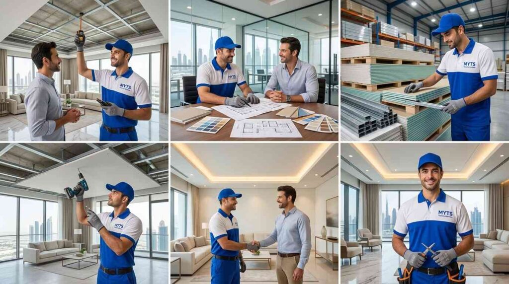 Gypsum Contractors in Dubai Professional Ceiling & Partition Services 3 False ceiling contractors in Dubai creating a modern gypsum ceiling with LED lighting.