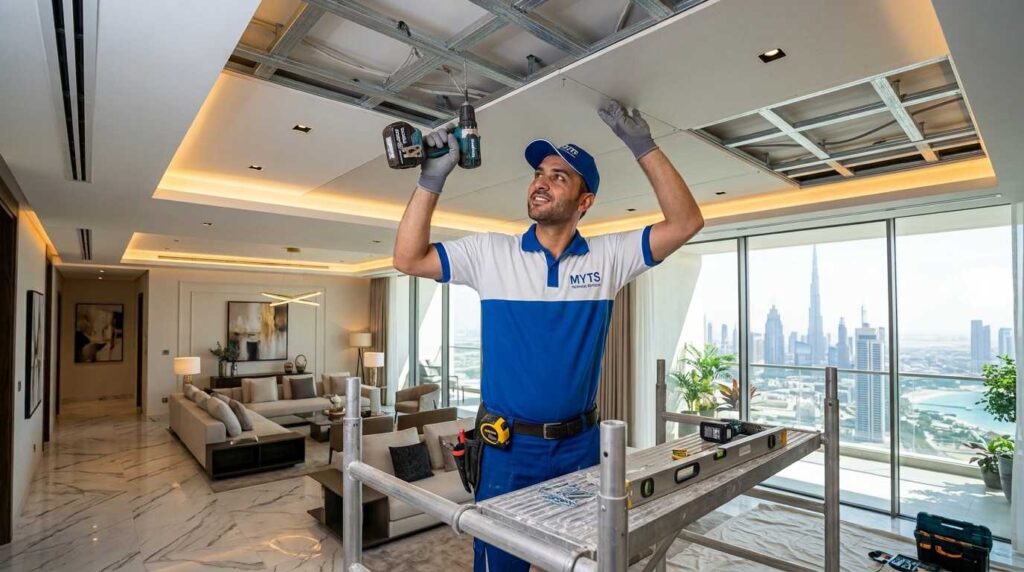 Gypsum Ceiling Services in Dubai 1 False ceiling installation in Dubai with LED lighting and gypsum board