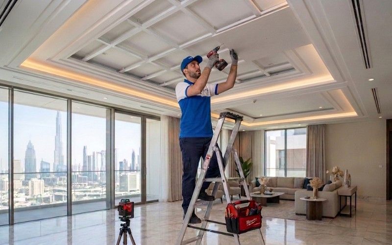 Home 33 modern false ceiling installation in Dubai living room with LED lighting