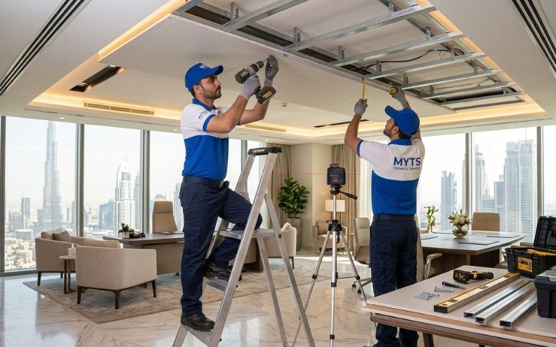 Modern living room with gypsum false ceiling installation in Dubai by MYTS Technical Services