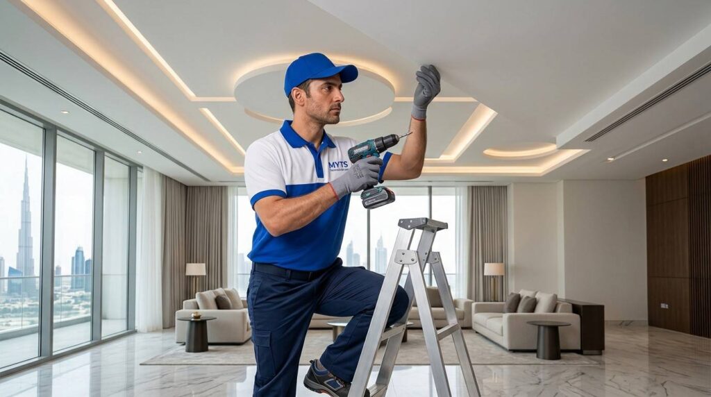 Gypsum Contractors in Dubai Professional Ceiling & Partition Services 1 Skilled gypsum contractors installing a gypsum ceiling in Dubai with premium finishing.