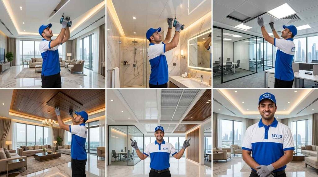 Ceiling Work in Dubai Professional Ceiling Installation & Repair Services 2 Gypsum ceiling work in Dubai with decorative ceiling design and LED lighting