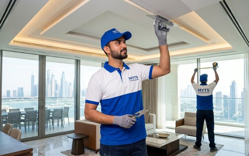 Professional gypsum contractors in Dubai installing a modern false ceiling in a luxury villa.