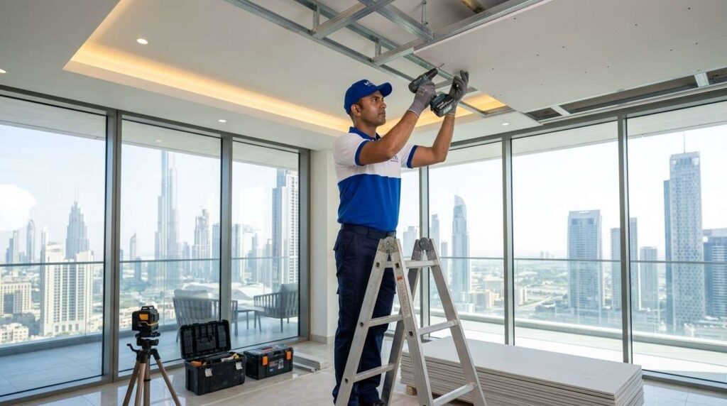 False Ceiling Contractors Dubai Professional Ceiling Installation & Repair Services 1 gypsum false ceiling installation work by Dubai ceiling contractors