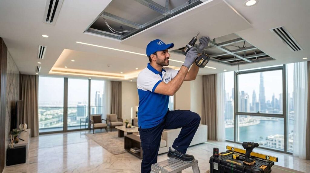 False Ceiling Services in Dubai Professional Installation for Homes & Offices 1 Expert gypsum false ceiling installation work in a Dubai residential property