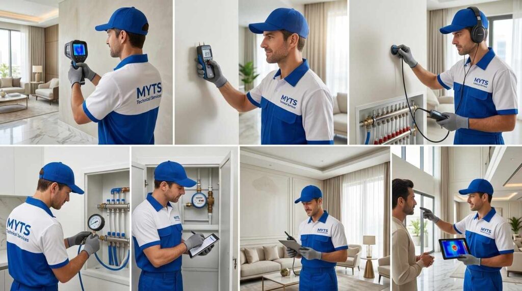 Hidden Water Leak in Dubai, Signs, Causes, Detection & Repair Guide 3 Professional plumber repairing a hidden pipe leak inside a residential property in Dubai