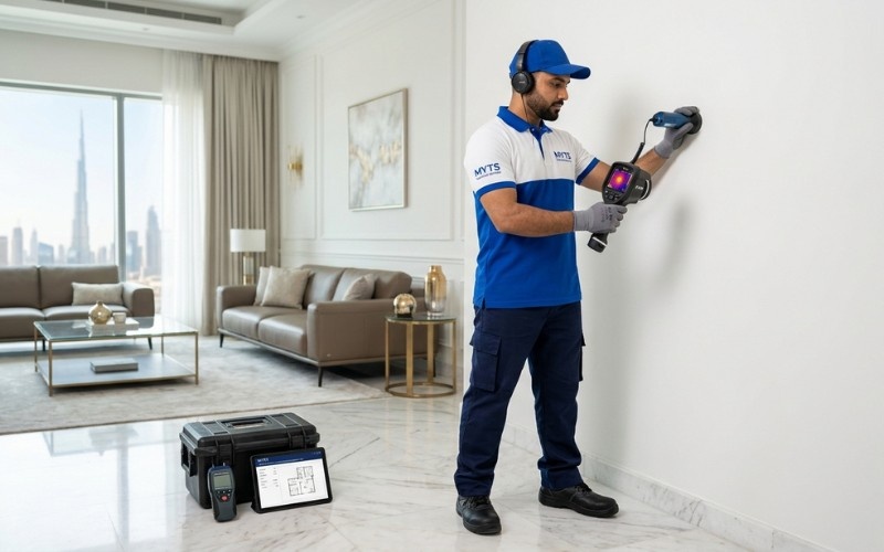 Hidden water leak detection inside a Dubai apartment wall by professional technicians