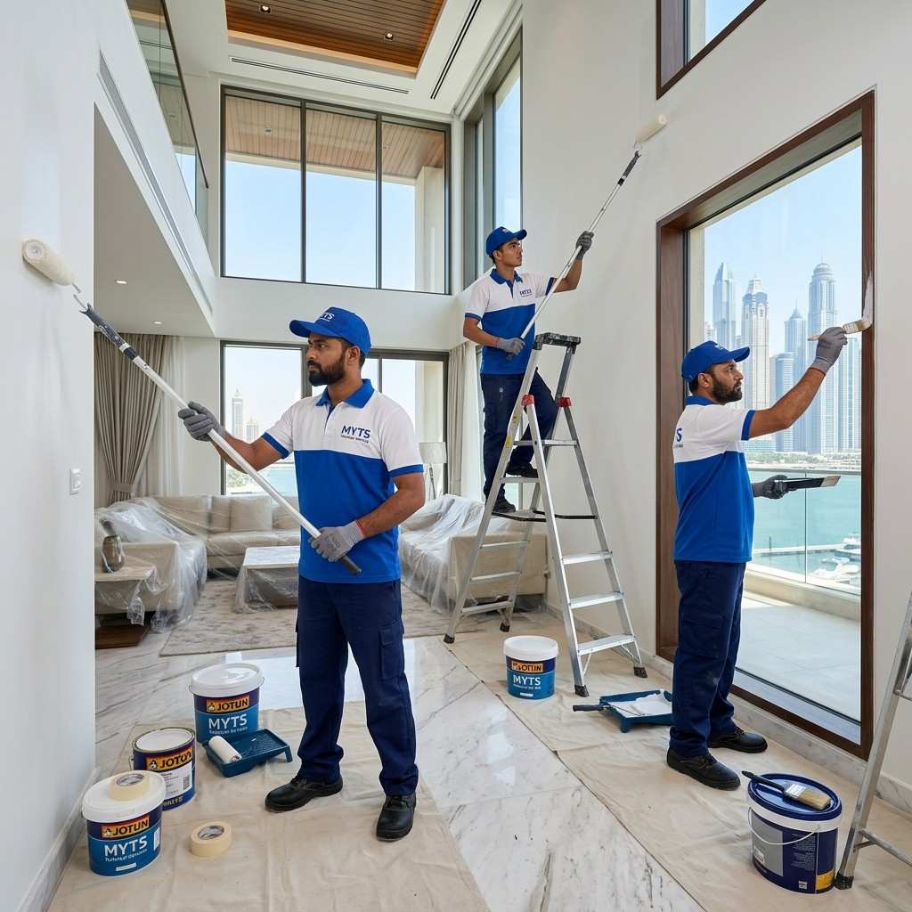 Professional painters from MYTS painting a luxury villa in Dubai with high-quality interior wall paint.