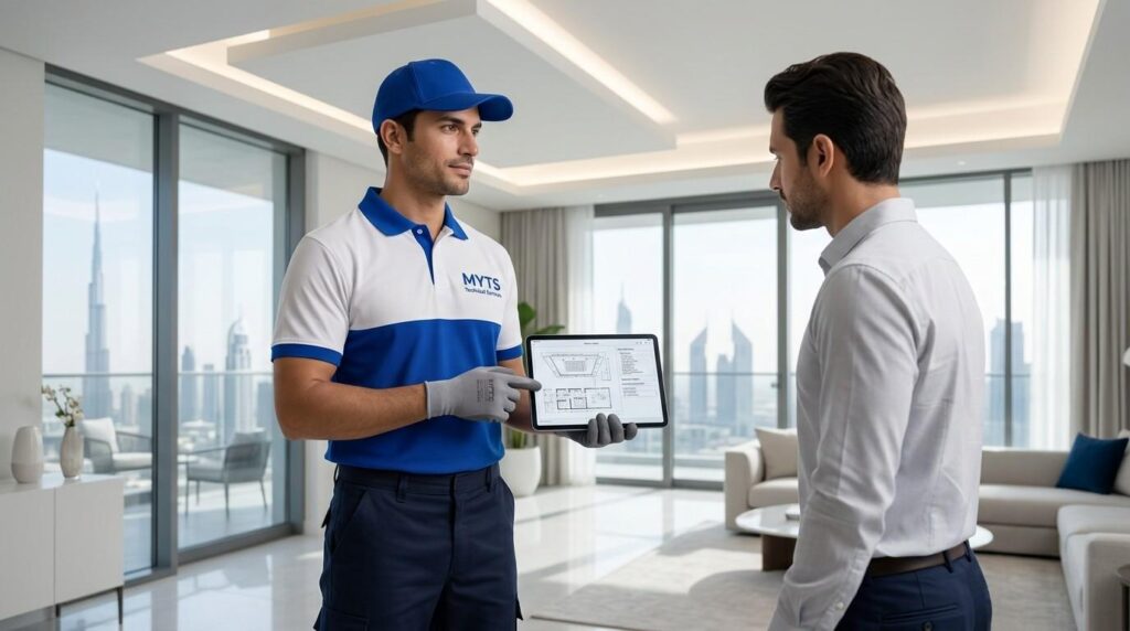 False Ceiling Services in Dubai Professional Installation for Homes & Offices 4 Skilled false ceiling contractors installing gypsum ceiling panels in Dubai