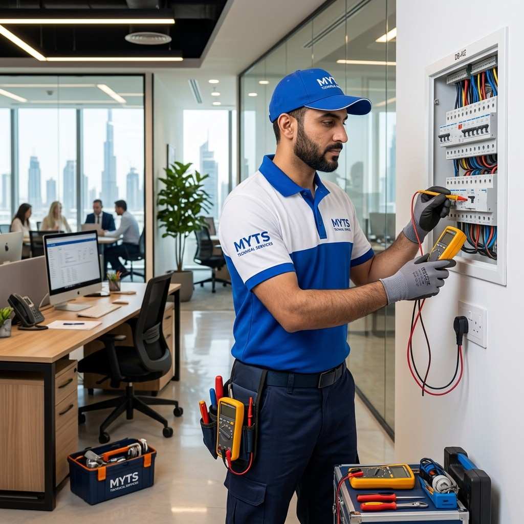 Professional office electrical services team installing wiring and lighting in Dubai office
